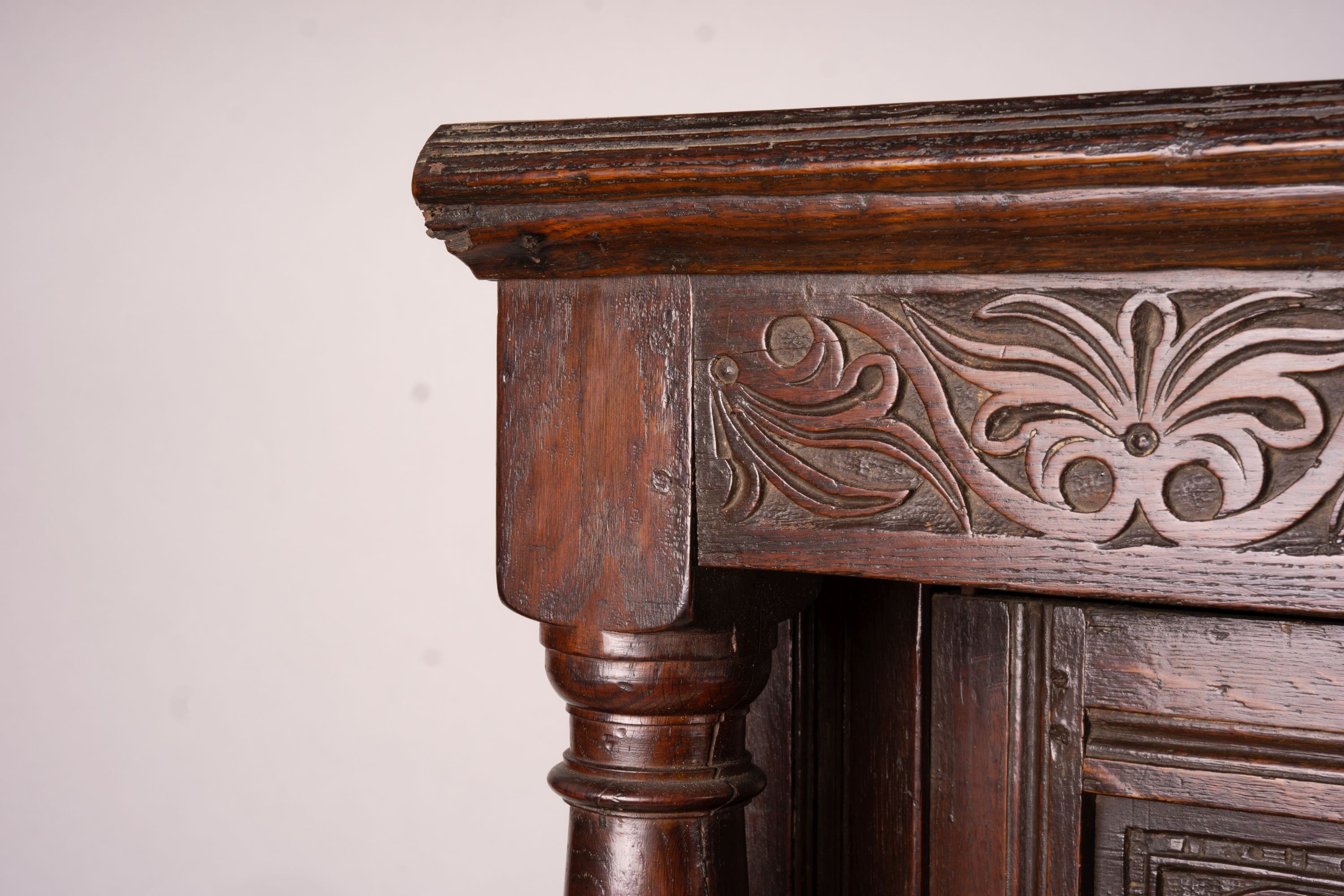 An early 18th century oak court cupboard, width 128cm, depth 59cm, height 172cm